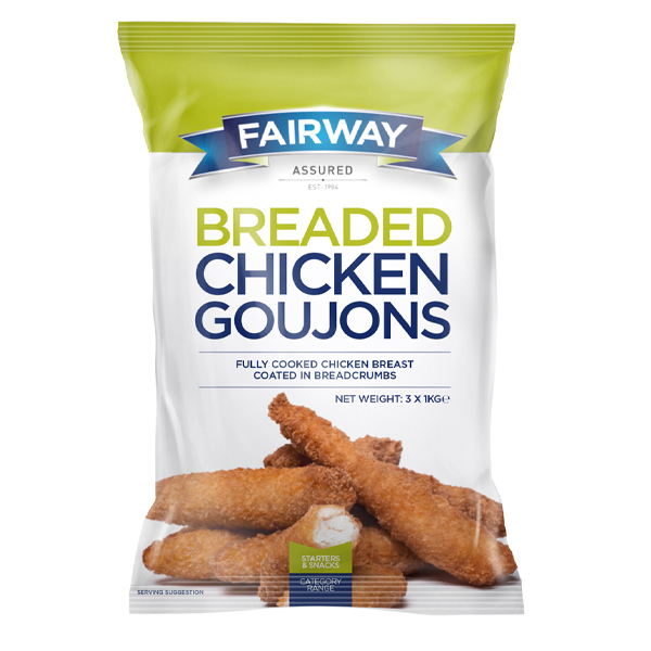 FAIRWAY BREADED CHICKEN GOUJONS 3x1kg FULLY COOKED PR CODE :30003102