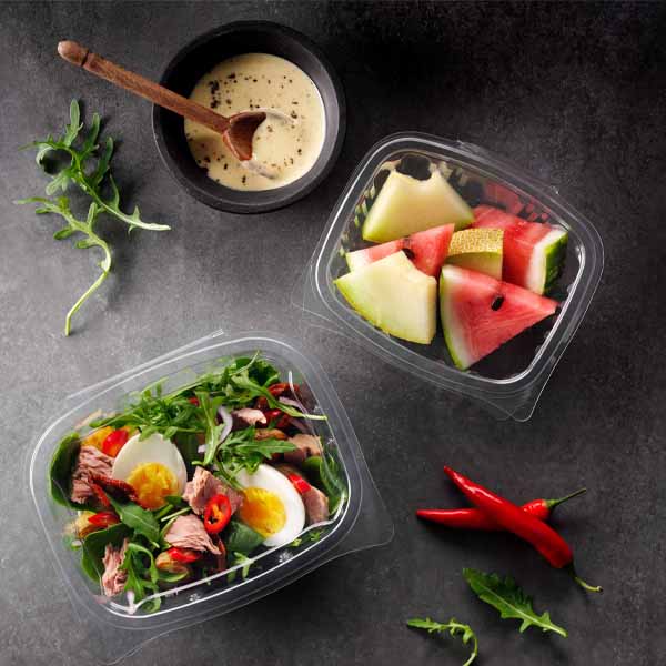 NEWLEAF 375ml HINGED SALAD CONTAINERS 1x330s FULLY RECYCLABE ( 146 x 130 x 45mm)