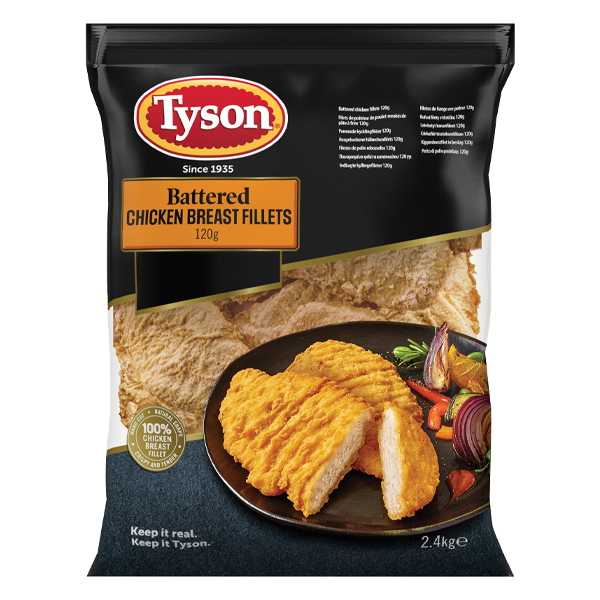 TYSON COOKED BATTERED CHICKEN FILLETS 20x120G **BAG** HALAL