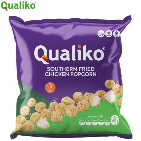 QUALIKO HALAL SF POPCORN CHICKEN 1x1KG SOUTHERN FRIED, 7gm, MEAT CONTENT 64%