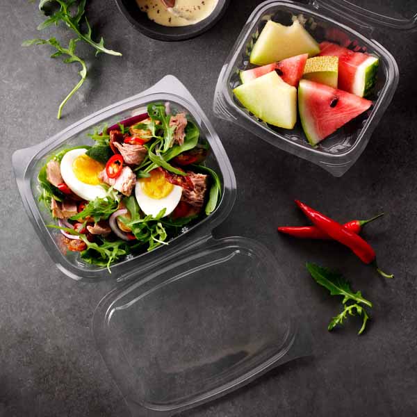 NEWLEAF 375ml HINGED SALAD CONTAINERS 1x330s FULLY RECYCLABE ( 146 x 130 x 45mm)