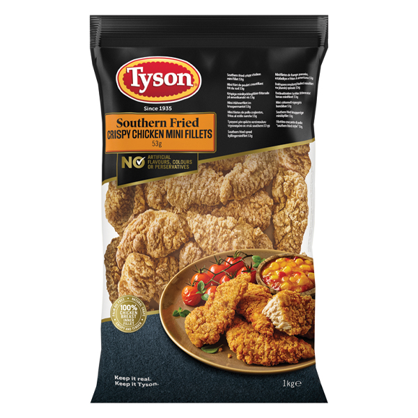 MINI TYSON HALAL SF CRISPY FILLETS 1x1kg SOUTHERN FRIED CHICKEN STRIPS (53gr)**BAG**