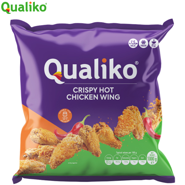 QUALIKO HALAL CRISPY HOT CHICKEN WINGS 1kg DRUMETTE PART ( 65-95g) MIDDLE PART ( 55-80gm MEAT CONTENT 76%