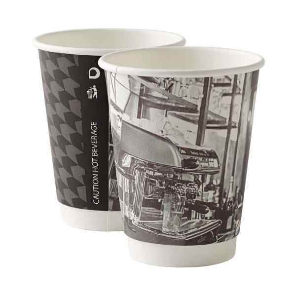 DISPO MIXED 12oz DOUBLE WALL PAPER CUPS 1x500 Two simple designs, black dominant ( 52012 ) Suitable lids are - GFC150 & GFC022